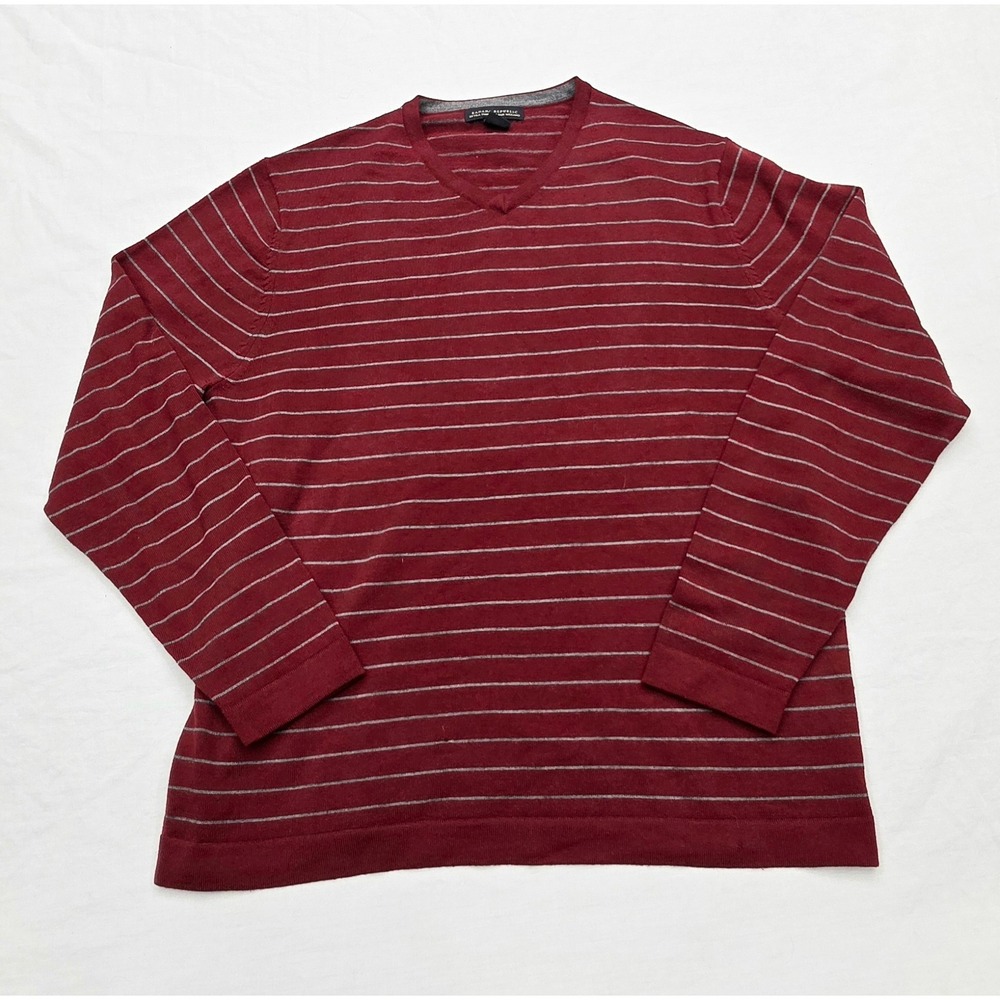 Banana Republic Mens Extra Fine Italian Merino Wool V-Neck Striped Sweater Red L